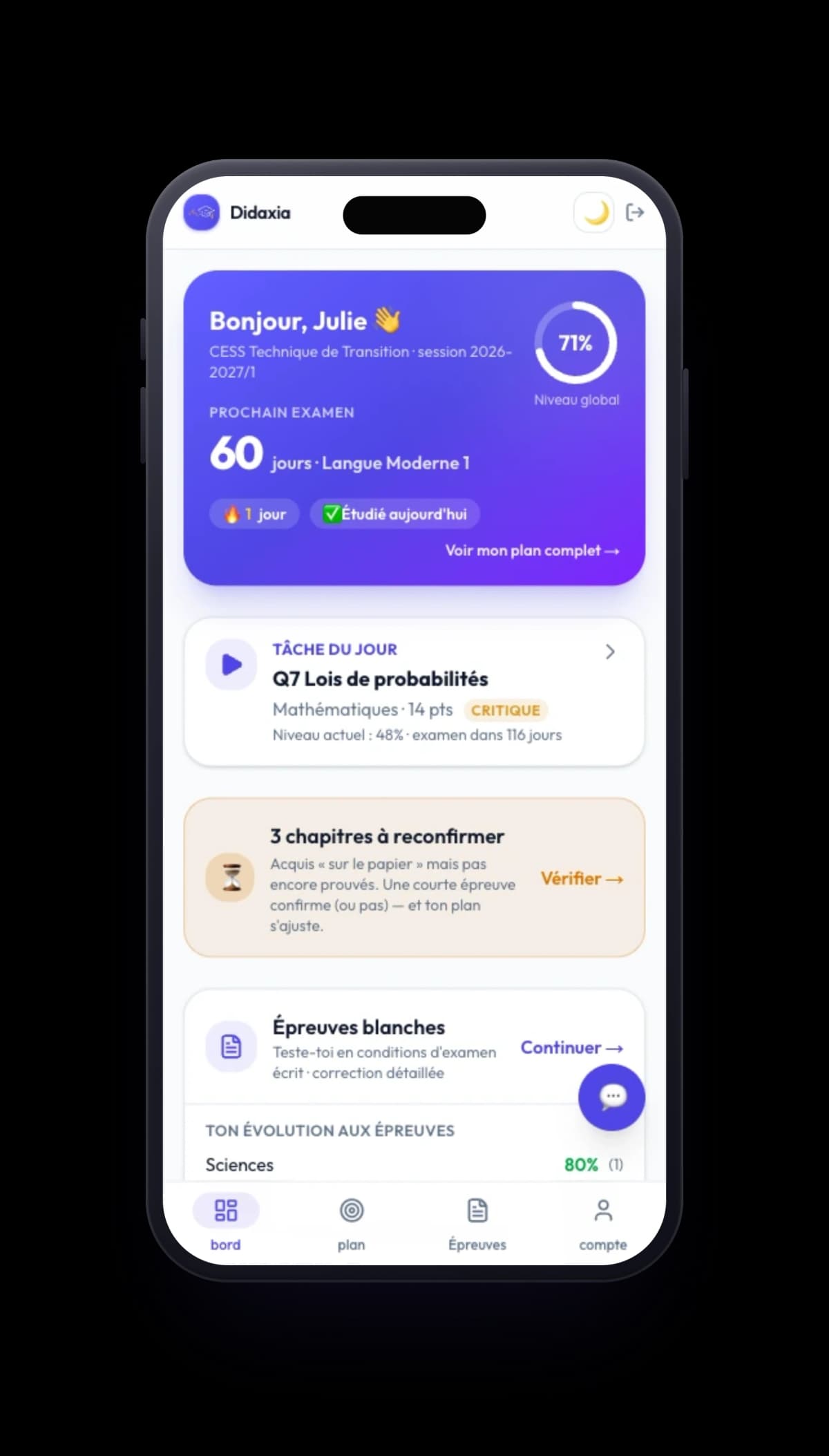 Didaxia sur téléphone — même tableau de bord, adapté au mobile